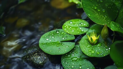 Wall Mural -  A collection of water lilies atop a verdant pond, speckled with raindrops upon their emerald leaves