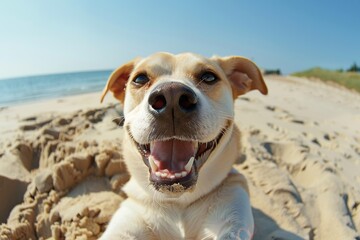 Wall Mural - Dog taking a selfie on sea beach background