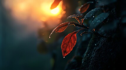 Wall Mural -  A red leaf, tightly focused, clings to a tree against a radiant sun-drenched backdrop Water droplets shimmer on its surface