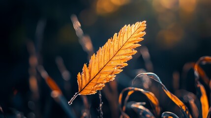 Wall Mural -  A tight shot of a sunlit yellow leaf amidst a sea of grass, with trees framing the background as sunlight filters through