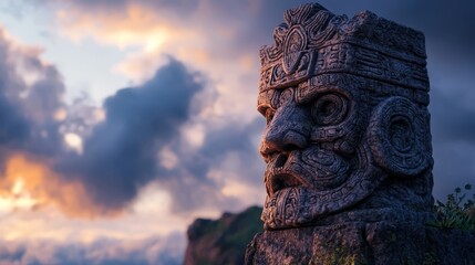 Poster -  A tight shot of a stone man's head statuve, surrounded by a cloud-filled sky background