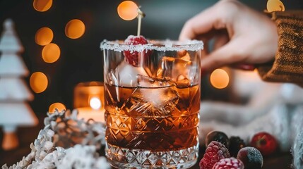 Wall Mural -   A person is pouring a drink into a glass filled with ice and garnished with fresh raspberries, set against a backdrop of twinkling Christmas lights