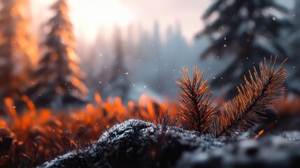 Poster -  A tight shot of a pine tree against a snow-covered backdrop, sun rays filtering through the foliage, snowflakes scattered on the ground