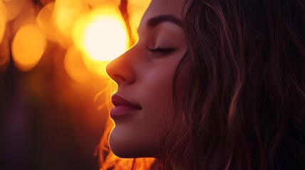 Wall Mural -  A woman's face, eyes closed, sun casting golden light behind, hair billowing in the wind