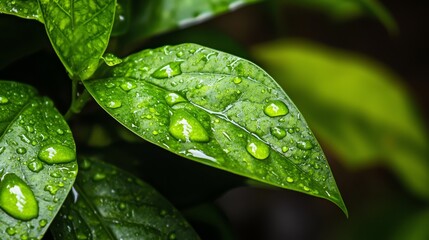 Wall Mural -  A tight shot of a green leaf dotted with water droplets, against a backdrop of undulating green foliage