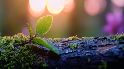 Wall Mural -  A tiny green shoot emerges from a moss-covered log as sunlight filters through the tree canopy behind