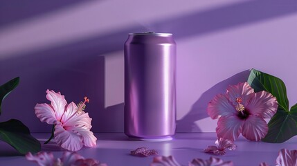 Canvas Print -  Can of Soda, Pink Flowers Foreground, Purple Wall Backdrop