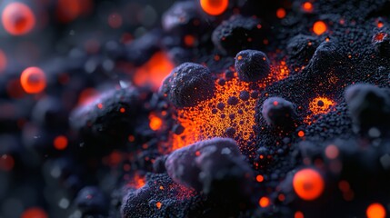 Canvas Print -  A tight shot of orange-black lava spheres on an inky black surface against a black backdrop