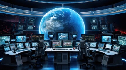 Canvas Print - Futuristic Control Room with Earth View