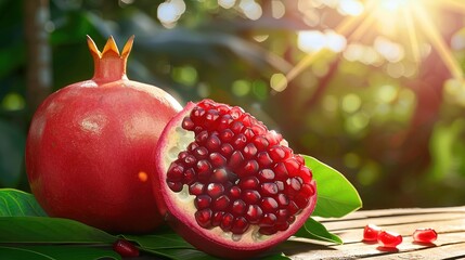 Poster -   Two pomegranates sit on a wooden table surrounded by green foliage while sunlight filters through the trees