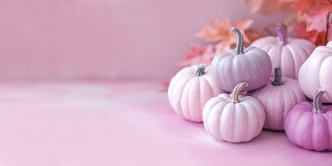 Wall Mural - Pastel violet and pink colored pumpkins with copy space