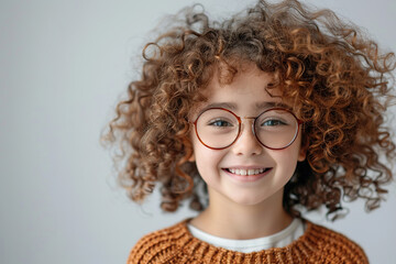 Wall Mural - Cute little girl in eyeglasses with curly hair on grey background