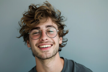 Wall Mural - Cute handsome man in eyeglasses on grey background