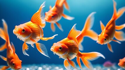 Wall Mural - Vibrant goldfish swimming gracefully in a blue, bokeh-filled background, highlighting the beauty and tranquility of aquatic life. The colorful scene captures the essence of underwater serenity. 