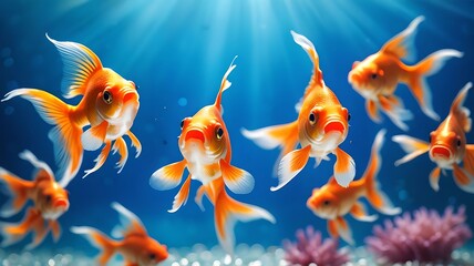 Wall Mural - Vibrant goldfish swimming gracefully in a blue, bokeh-filled background, highlighting the beauty and tranquility of aquatic life. The colorful scene captures the essence of underwater serenity. 