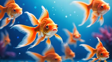 Wall Mural - Vibrant goldfish swimming gracefully in a blue, bokeh-filled background, highlighting the beauty and tranquility of aquatic life. The colorful scene captures the essence of underwater serenity. 