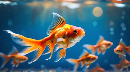 Wall Mural - Vibrant goldfish swimming gracefully in a blue, bokeh-filled background, highlighting the beauty and tranquility of aquatic life. The colorful scene captures the essence of underwater serenity. 