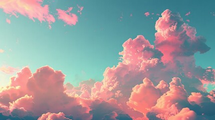 Wall Mural - a blue sky brimming with pink clouds and a plane soaring through midday