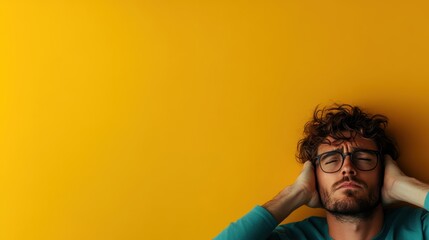 A bearded man with glasses is covering his ears with both hands while standing against a bright yellow background wall, depicting agitation or sensory overload.