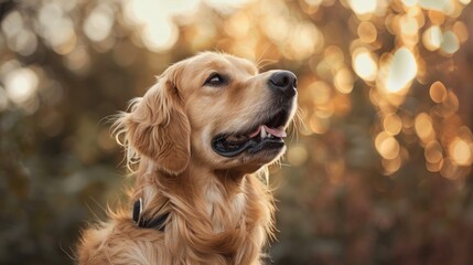 Poster -   A close-up of a dog's face with sunlight filtering through tree branches in the background