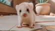 © Creative mind - Close-up of a curious white baby ferret on tiled floor. White pet ferret indoors.