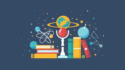 Poster -   Blue background with books, globe, and magnifying glass on stack of books