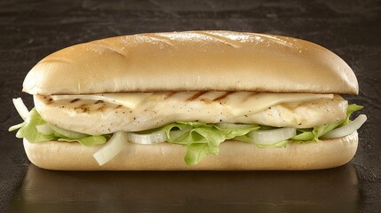 Sticker -   A delicious sandwich featuring juicy chicken, fresh lettuce, and creamy cheese, all nestled on a soft bun and topped with refreshing lettuce and tangy mayo