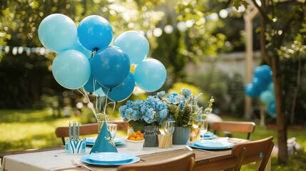 Canvas Print -   A vase of flowers sits atop a table adorned with multiple blue balloons