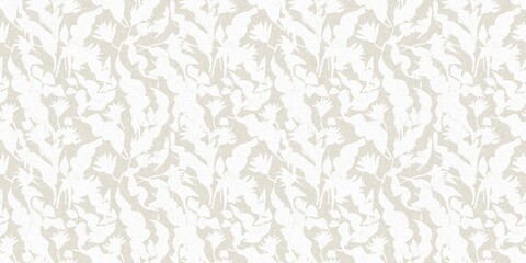 Wall Mural - Seamless french gender neutral floral linen printed fabric border background. Light mottled white on grey cottage core block print pattern. Shabby chic woven duotone cloth effect. 