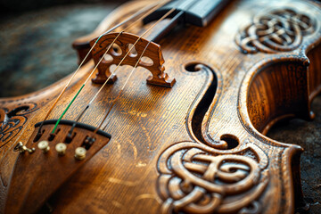 Violin with Celtic knots design closeup, traditional folk music album cover background, concert performance