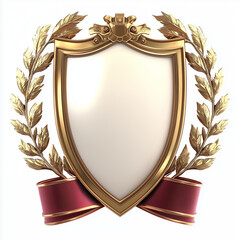 Poster - Luxurious white and gold shield with red ribbon and laurel wreath isolated on a transparent background, symbolizing achievement and honor.
