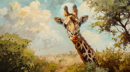 Poster -   A painting of a giraffe in a field, surrounded by trees and clouds