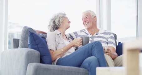 Canvas Print - Relax, love and senior couple on a sofa with coffee break, connection and romance at home together. Support, gratitude and old people embrace in a living room enjoy relationship, bond or retirement