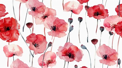 Poster -   Watercolor artwork featuring red and pink blossoms against white backdrop with a black border