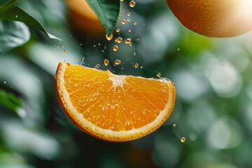  Falling Fresh Orange half slice in the air with green leaves isolated in the background, popular fruit with high vitamin and nutrition.