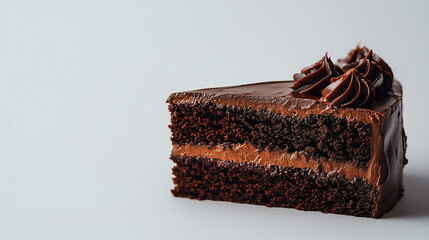 Wall Mural - A single slice of chocolate cake, rich and creamy, on a pristine white background