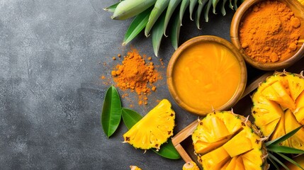 Poster -   A table displays bowls of food surrounded by pineapples and turmeric leaves on a gray background