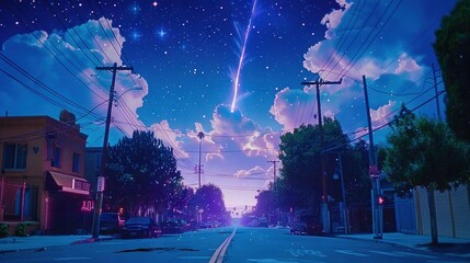 Poster -   A city street at night, bathed in the glow of neon lights Above, the sky is clear with a sprinkling of stars, and a shooting star streaks across the heav