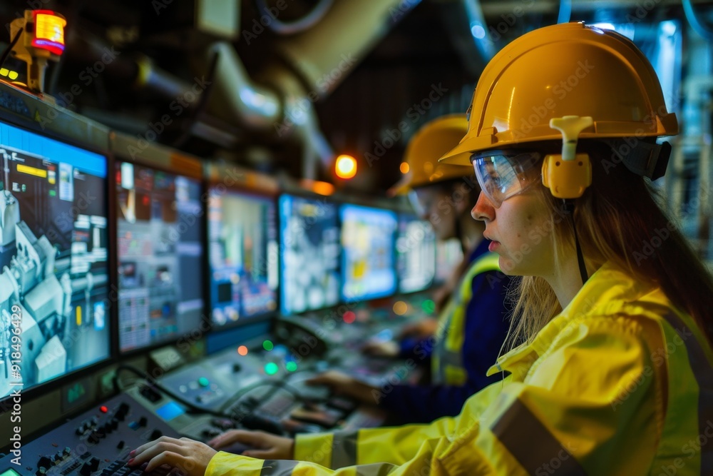 Workers in high-visibility clothing and hard hats concentrate on ...