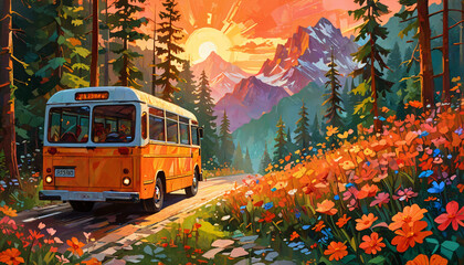 Poster - Voyage en bus à travers les montagnes en fleurs