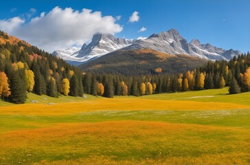 Canvas Print - Mountain landscape with a green plain and trees on the background of high snow-capped mountains