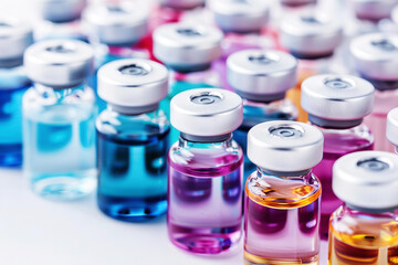 Close-up view of colorful liquid filled vials, representing medical research, science and pharmaceutical development.