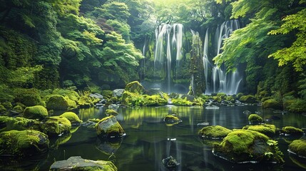 Sticker -   Waterfall nestled amidst forest foliage, mossy ground beneath cascading rocks