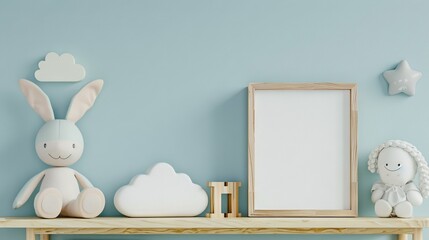 Poster -   A photo frame rests atop a wooden shelf with two stuffed animals nearby