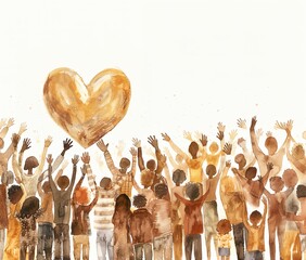 Wall Mural - Group of diverse young people with arms and hands raised towards a hand-drawn heart. Charity donation, sponsorship, godparenthood, volunteer work, support, assistance. Multicultural community.