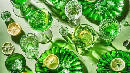 Wall Mural - a green-topped table adorned with plates and glasses containing lemon and lime wedges stacked atop e