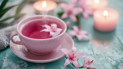 Poster - Cup of tea wit lily blossom and candles spa composition background