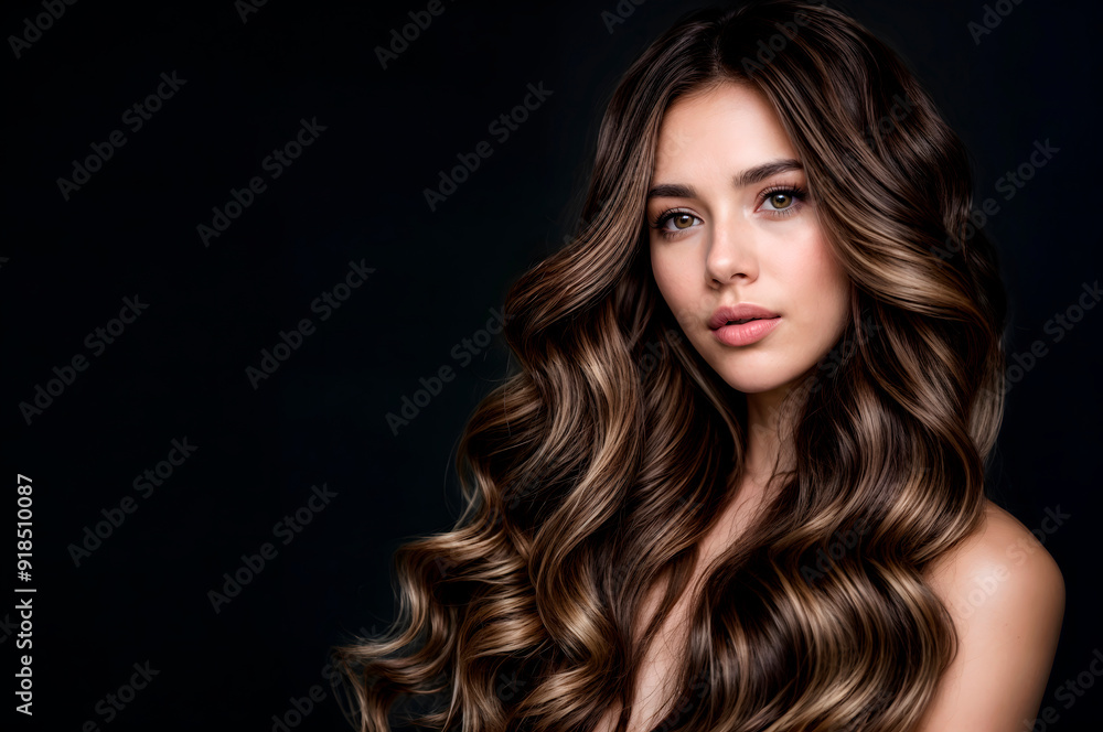 Stock-Foto „A portrait of a woman with long wavy brown hair is great ...