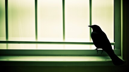 Poster -   Black bird perched on window sill, bars of light illuminating through window