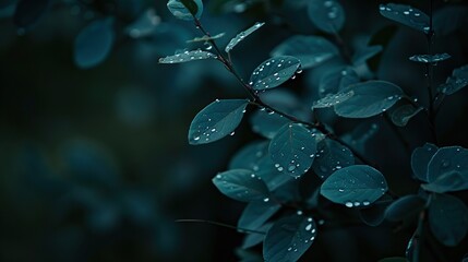 Wall Mural - a sharp focus on a leafy plant, with water droplets glistening on its leaves against a softly blurre